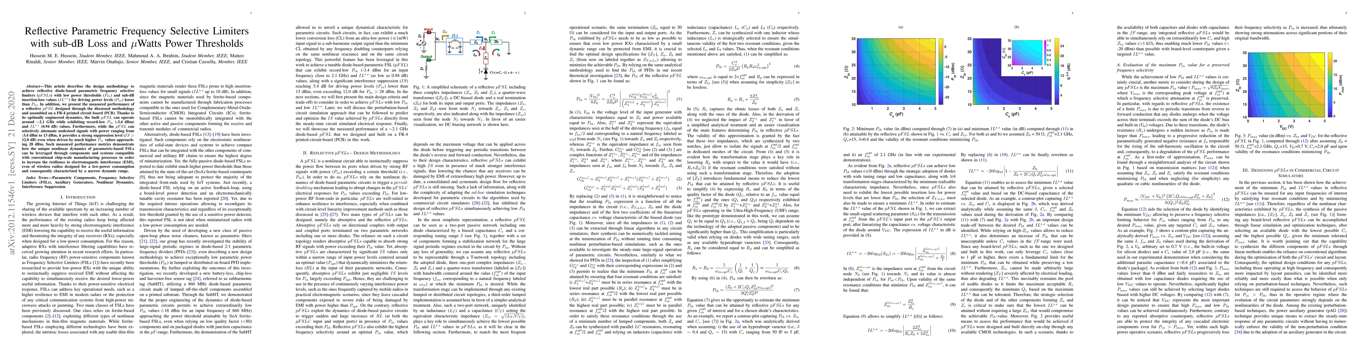 Thumbnail for Reflective Parametric Frequency Selective Limiters with sub-dB Loss and
  $\mu$Watts Power Thresholds