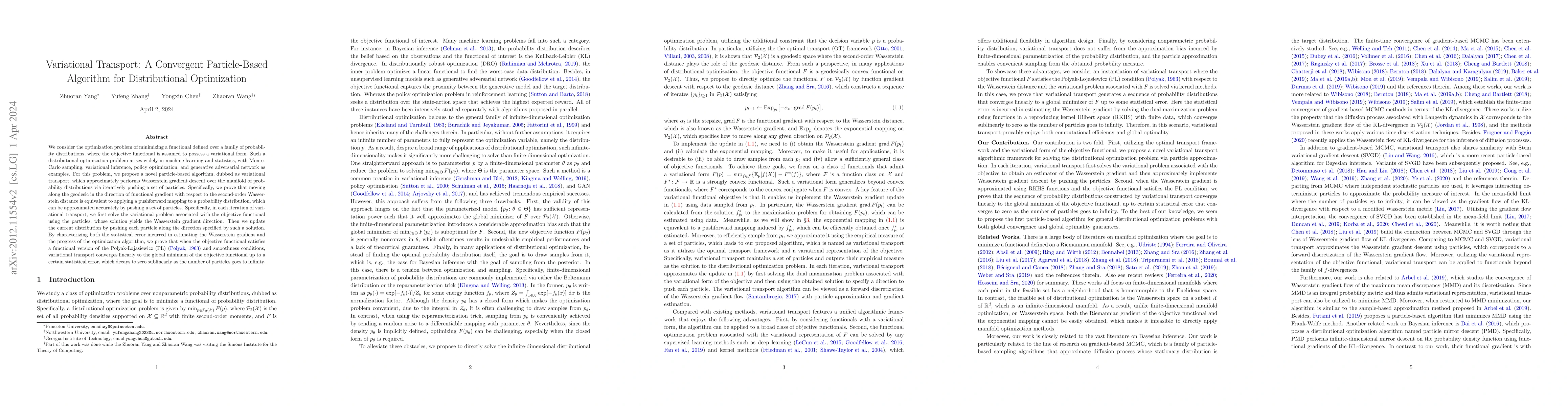 Thumbnail for Variational Transport: A Convergent Particle-BasedAlgorithm for
  Distributional Optimization