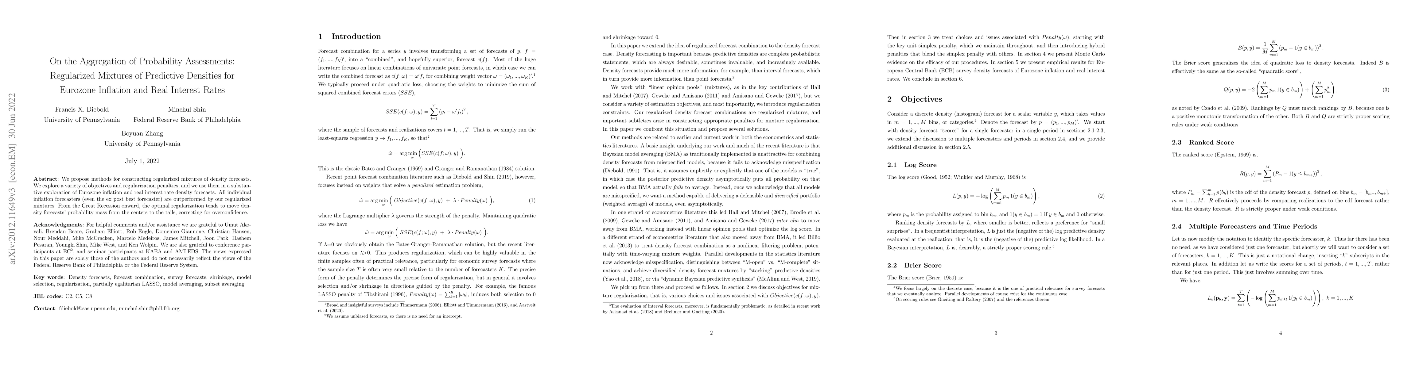 Thumbnail for On the Aggregation of Probability Assessments: Regularized Mixtures of
  Predictive Densities for Eurozone Inflation and Real Interest Rates