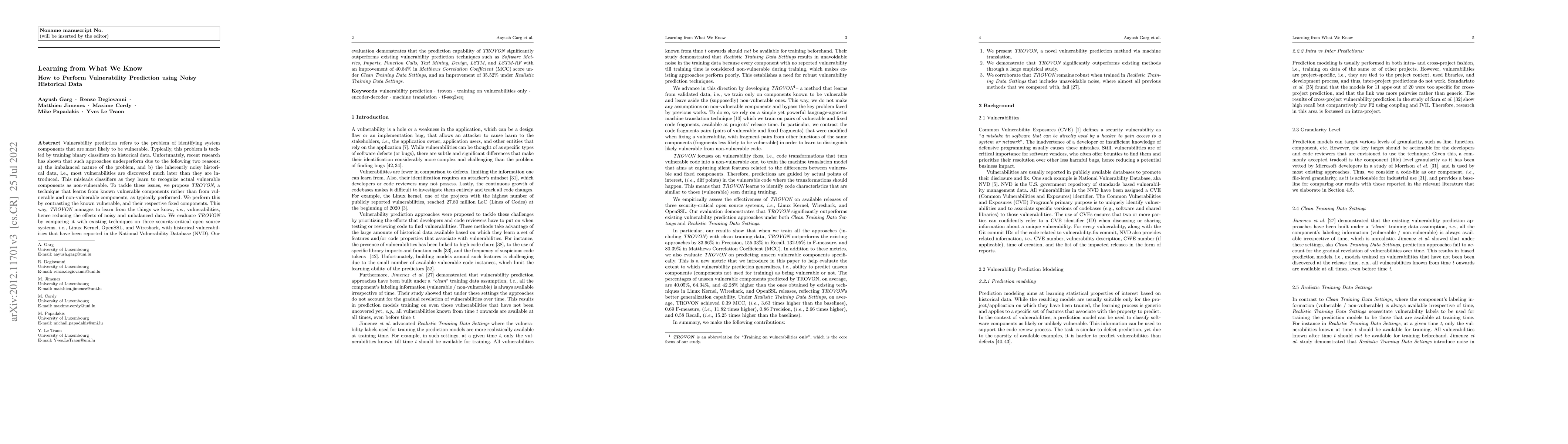 Thumbnail for Learning from What We Know: How to Perform Vulnerability Prediction
  using Noisy Historical Data