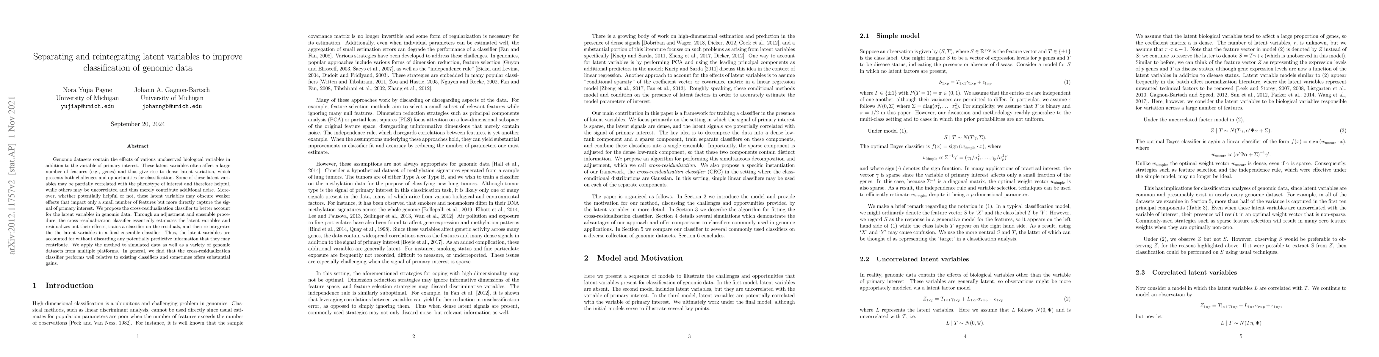 Thumbnail for Separating and reintegrating latent variables to improve classification
  of genomic data