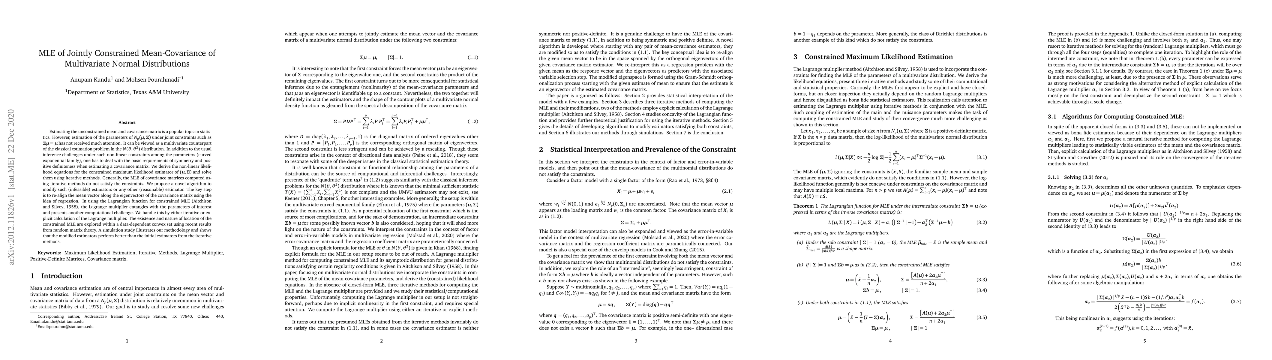 Thumbnail for MLE of Jointly Constrained Mean-Covariance of Multivariate Normal
  Distributions