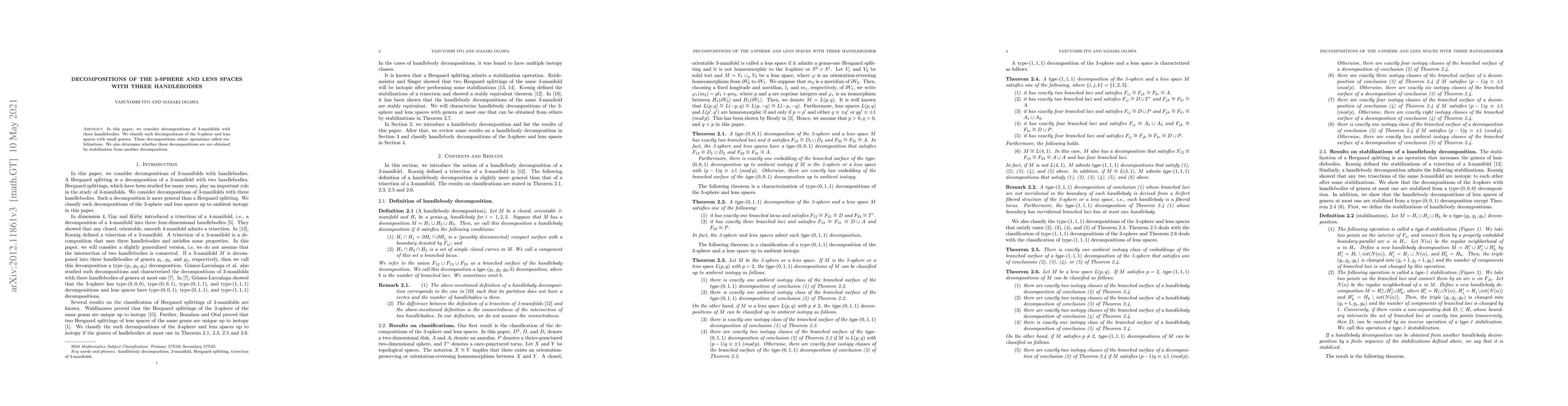 Thumbnail for Decompositions of the 3-sphere and lens spaces with three handlebodies