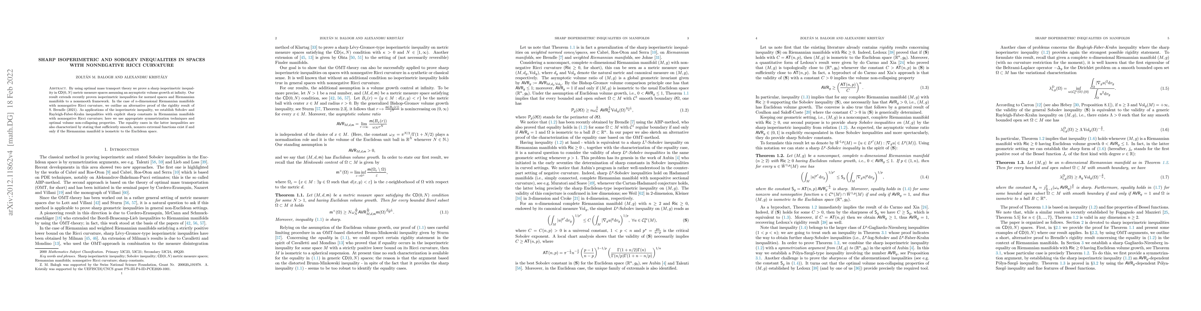 Thumbnail for Sharp isoperimetric and Sobolev inequalities in spaces with nonnegative
  Ricci curvature