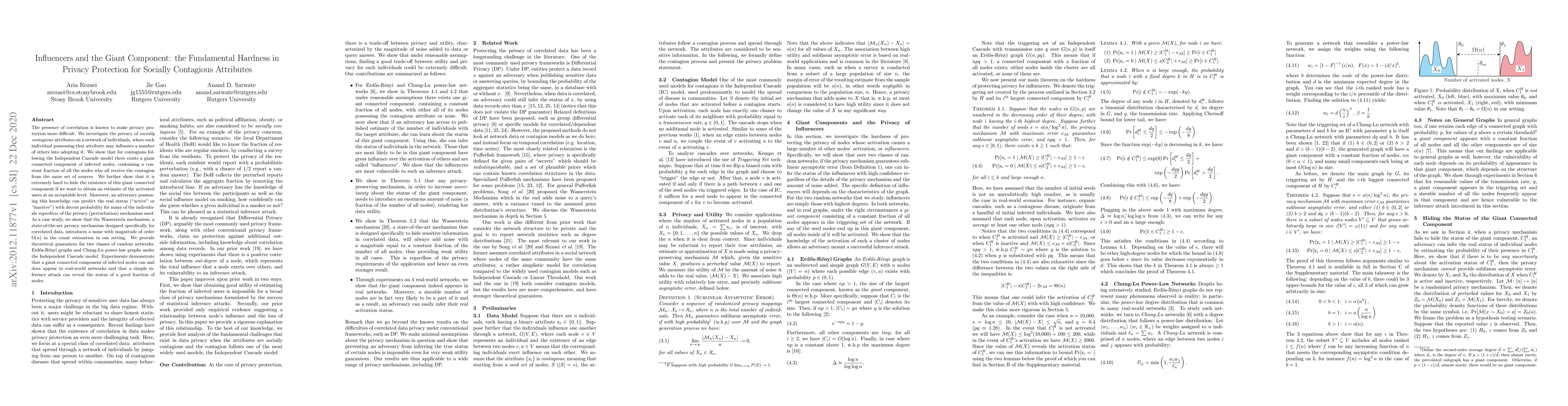 Thumbnail for Influencers and the Giant Component: the Fundamental Hardness in Privacy
  Protection for Socially Contagious Attributes