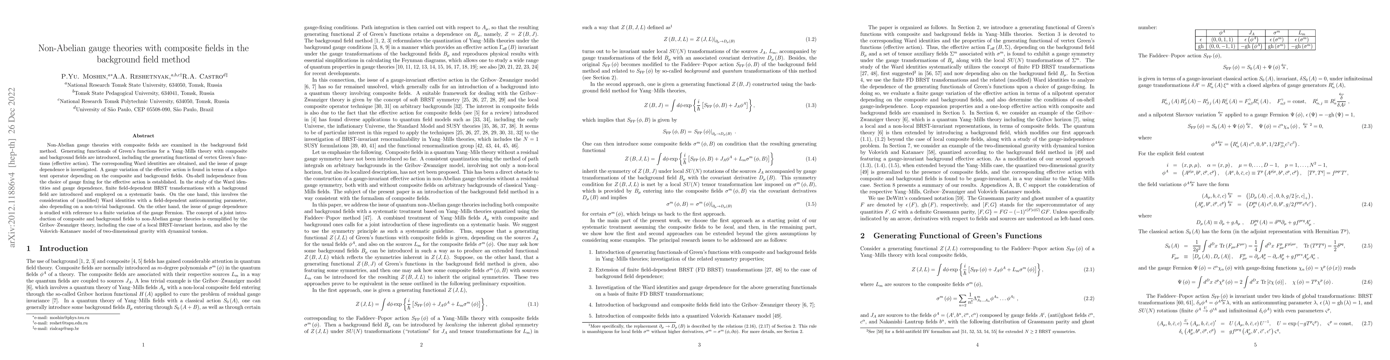 Thumbnail for Non-Abelian gauge theories with composite fields in the background field
  method