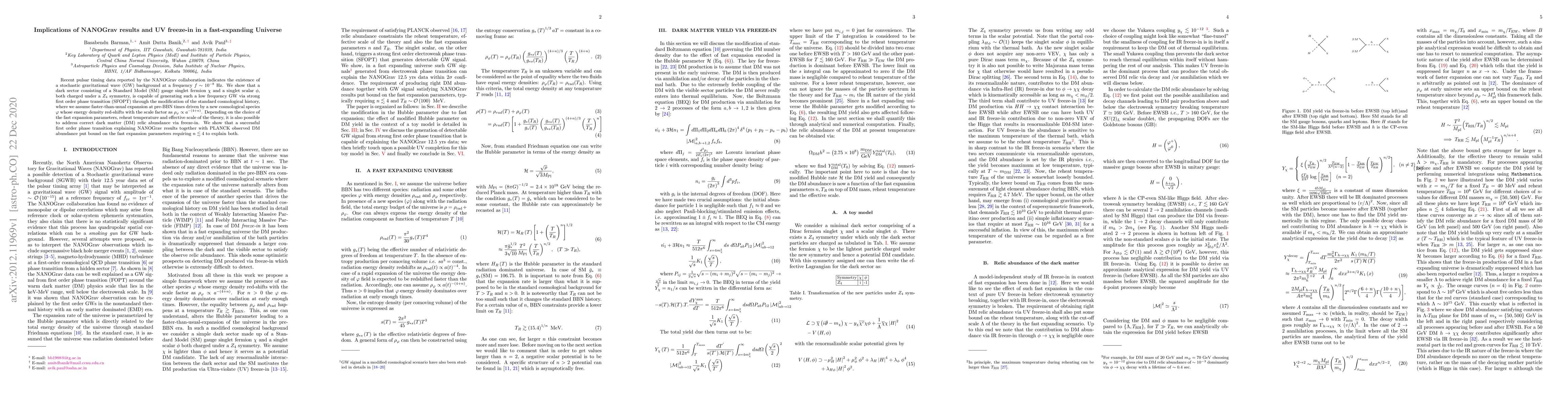 Thumbnail for Implications of NANOGrav results and UV freeze-in in a fast-expanding
  Universe
