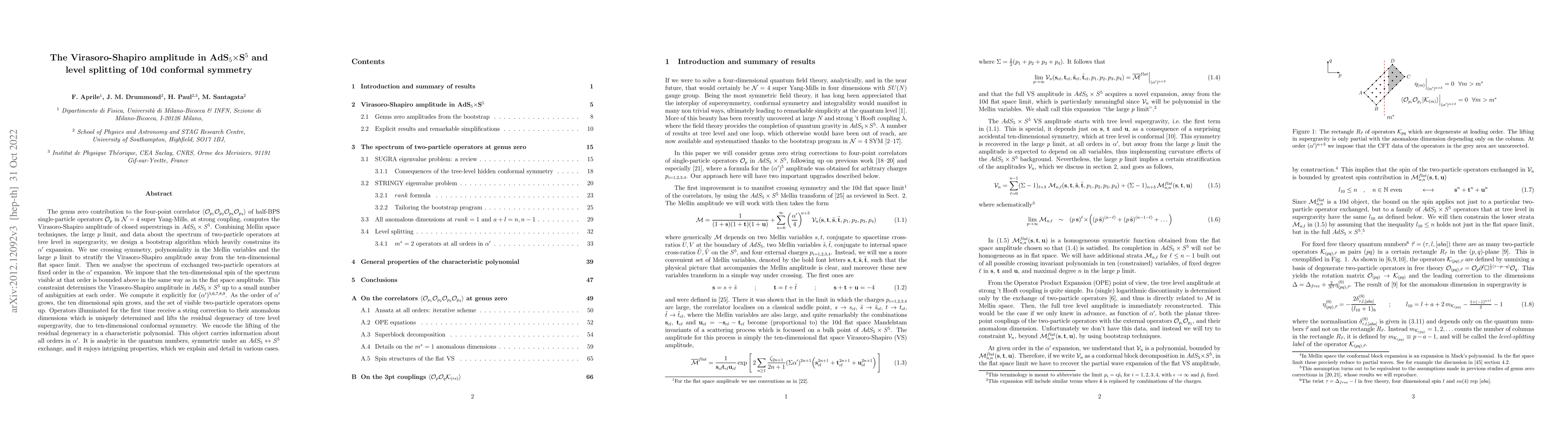 Thumbnail for The Virasoro-Shapiro amplitude in AdS$_5\times$S$^5$ and level splitting
  of 10d conformal symmetry