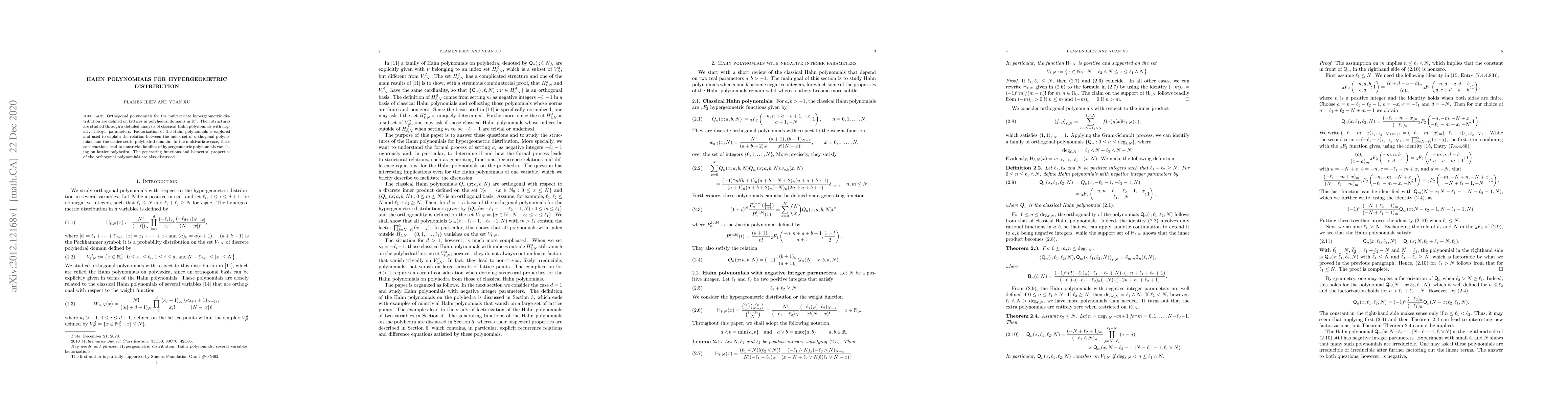 Thumbnail for Hahn polynomials for hypergeometric distribution