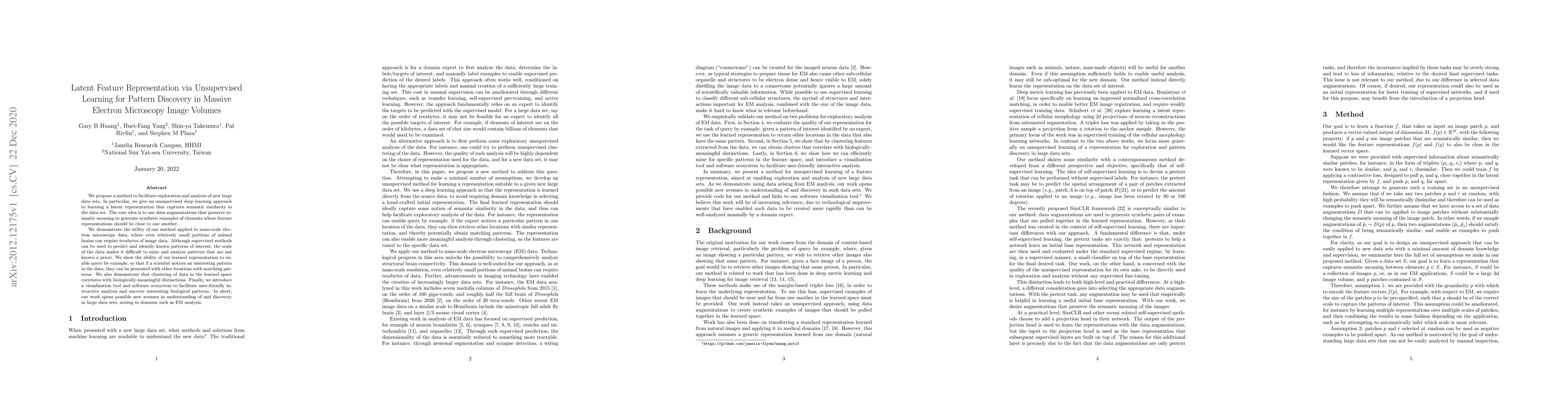 Thumbnail for Latent Feature Representation via Unsupervised Learning for Pattern
  Discovery in Massive Electron Microscopy Image Volumes