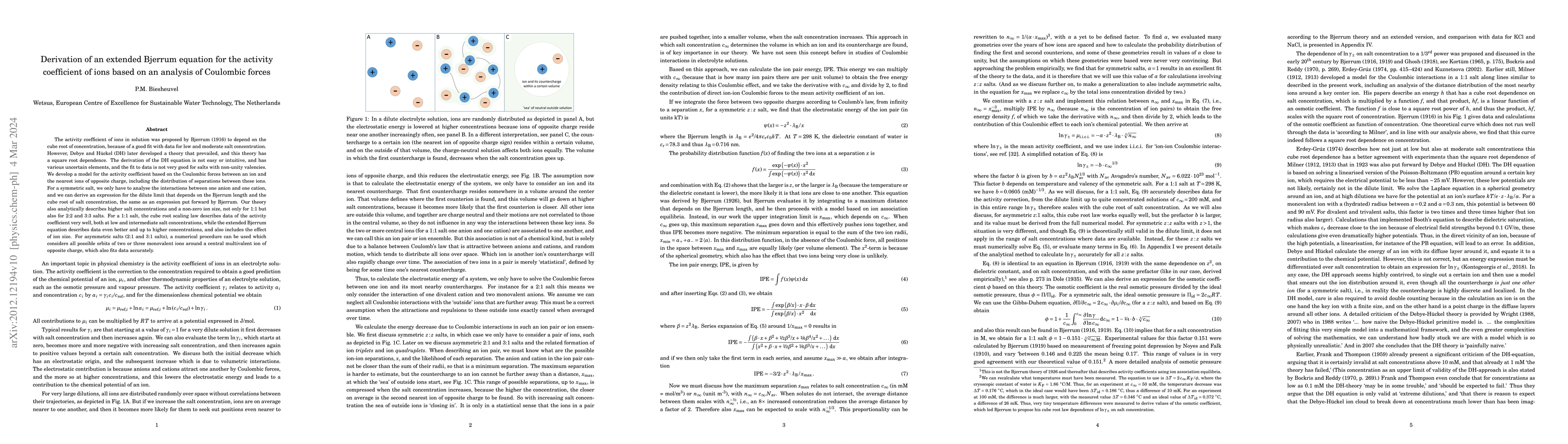 Thumbnail for Derivation of an extended Bjerrum equation for the activity coefficient
  of ions based on an analysis of Coulombic forces
