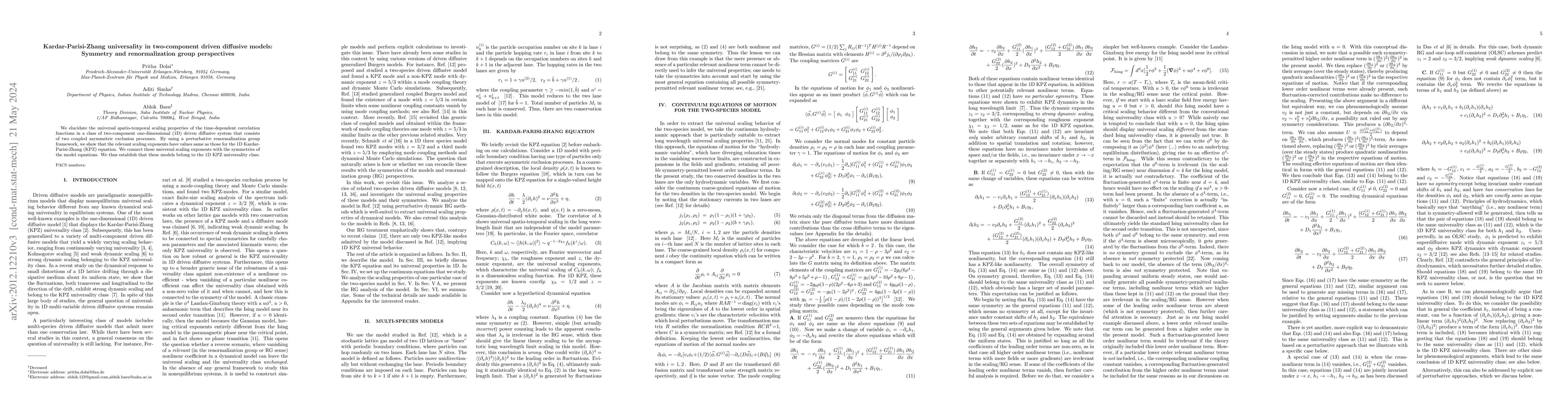 Thumbnail for Kardar-Parisi-Zhang universality in two-component driven diffusive
  models: Symmetry and renormalization group perspectives