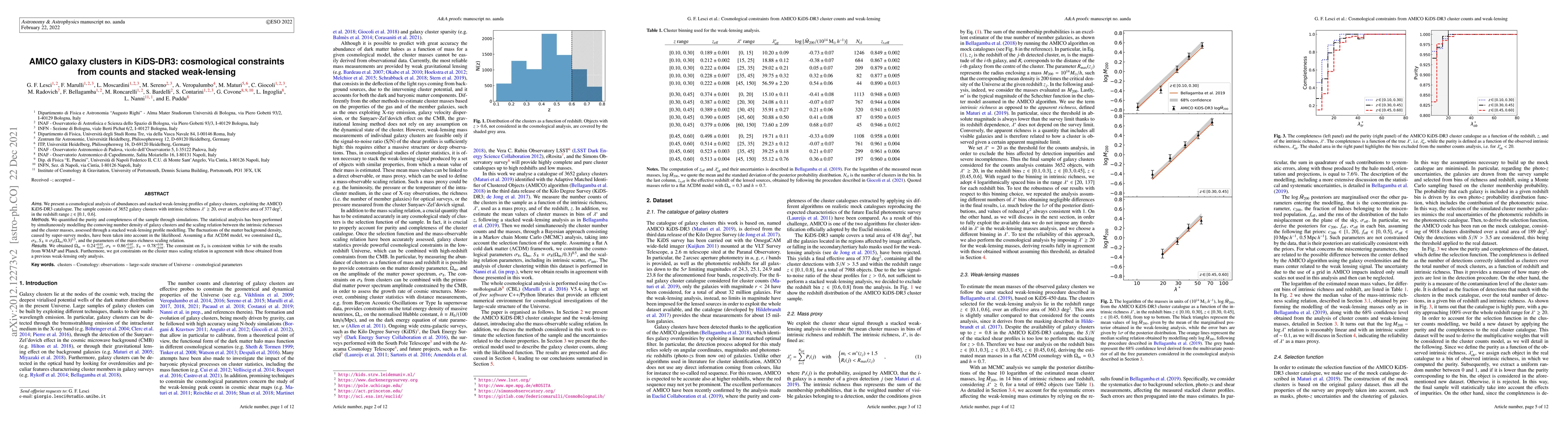 Thumbnail for AMICO galaxy clusters in KiDS-DR3: cosmological constraints from counts
  and stacked weak-lensing