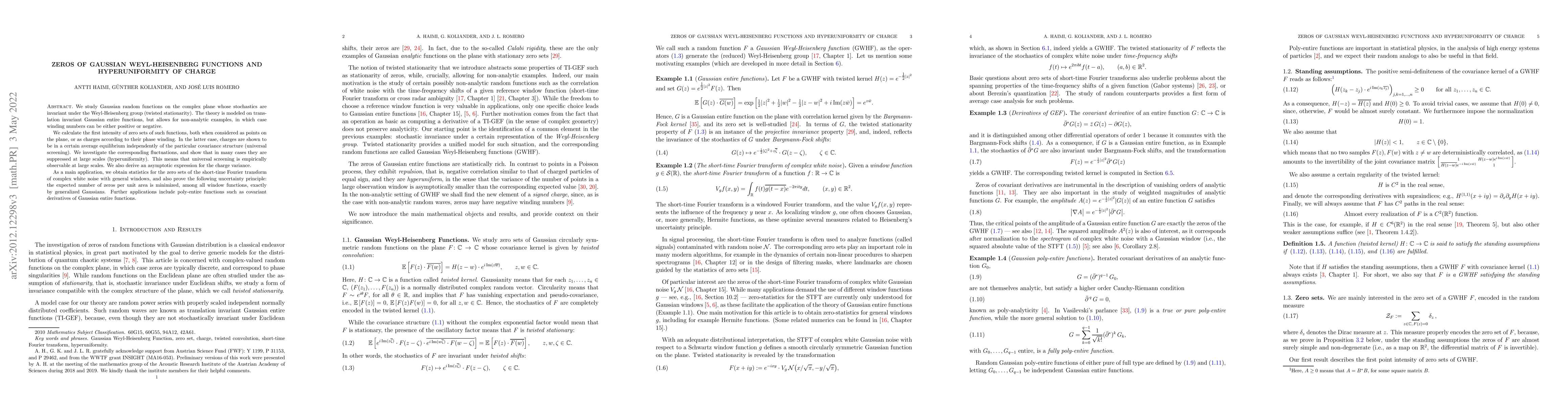 Thumbnail for Zeros of Gaussian Weyl-Heisenberg functions and hyperuniformity of
  charge