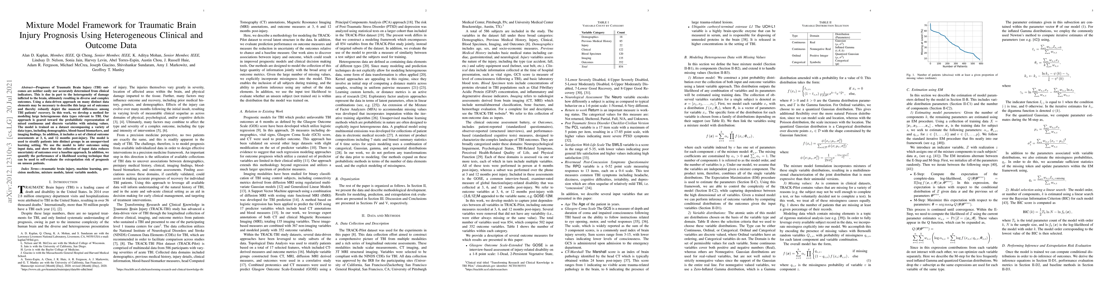 Thumbnail for Mixture Model Framework for Traumatic Brain Injury Prognosis Using
  Heterogeneous Clinical and Outcome Data