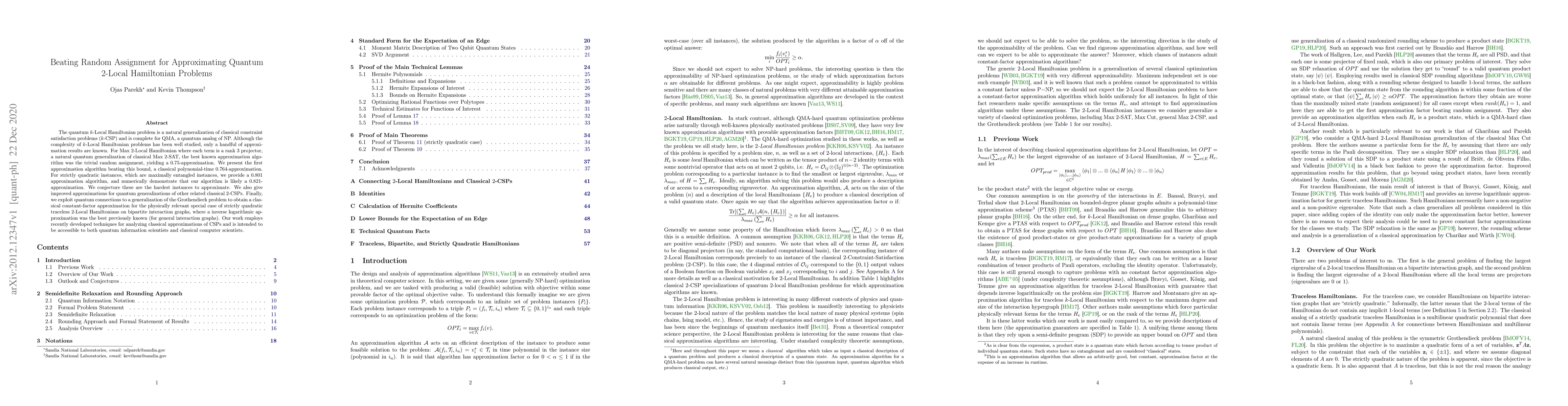 Thumbnail for Beating Random Assignment for Approximating Quantum 2-Local Hamiltonian
  Problems