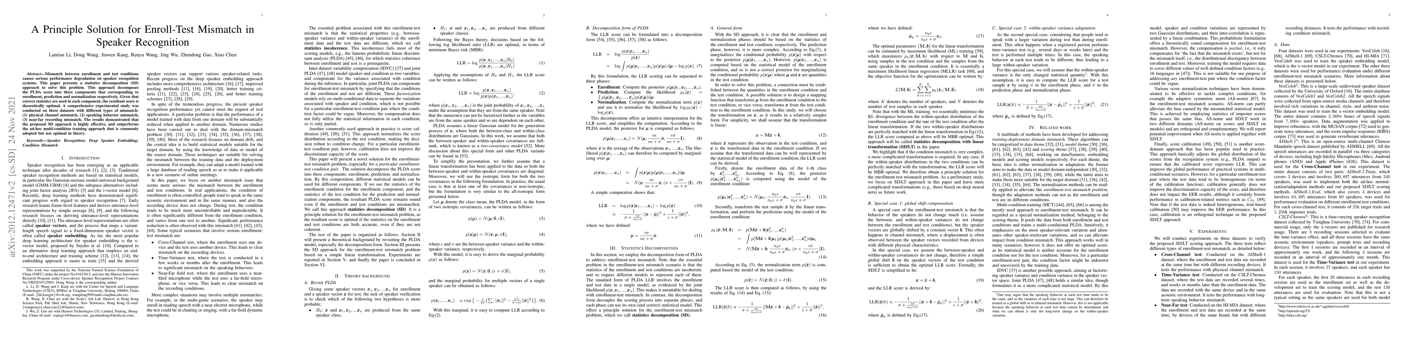 Thumbnail for A Principle Solution for Enroll-Test Mismatch in Speaker Recognition