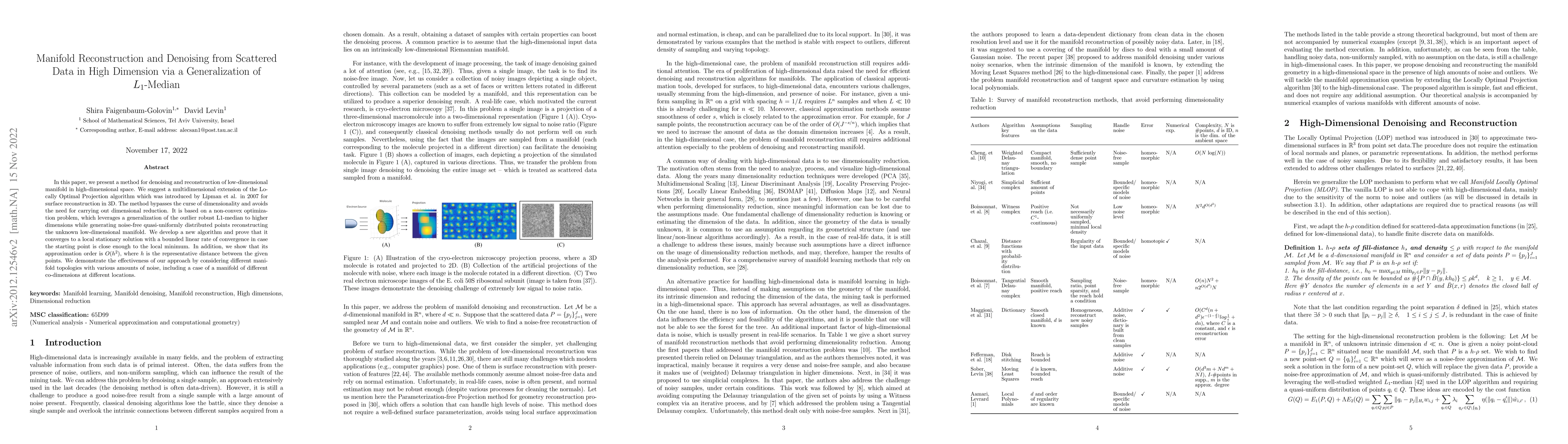 Thumbnail for Manifold Reconstruction and Denoising from Scattered Data in High
  Dimension via a Generalization of $L_1$-Median