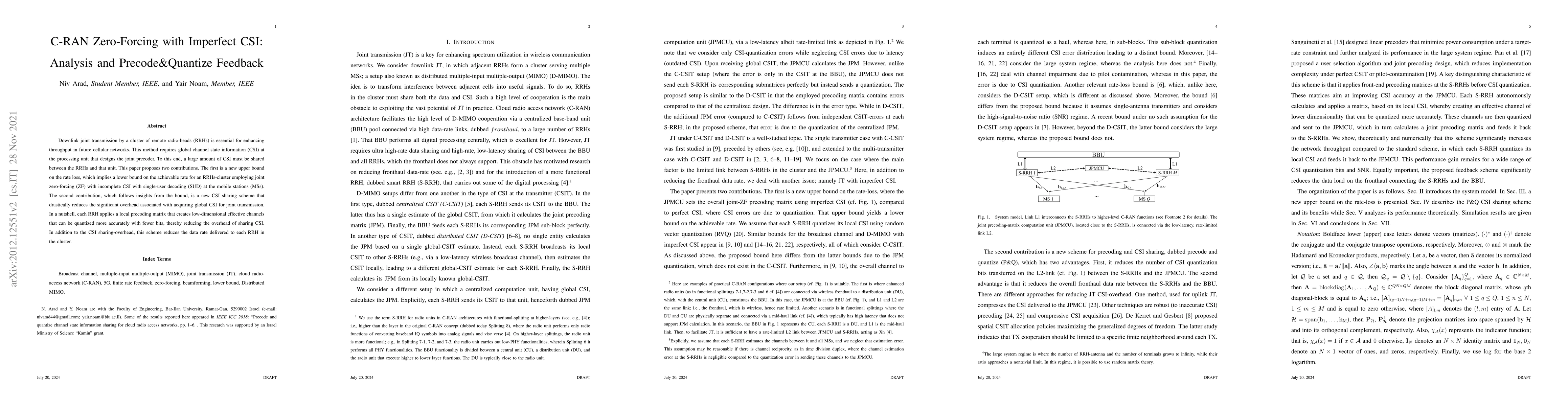 Thumbnail for C-RAN Zero-Forcing with Imperfect CSI: Analysis and Precode\&Quantize
  Feedback