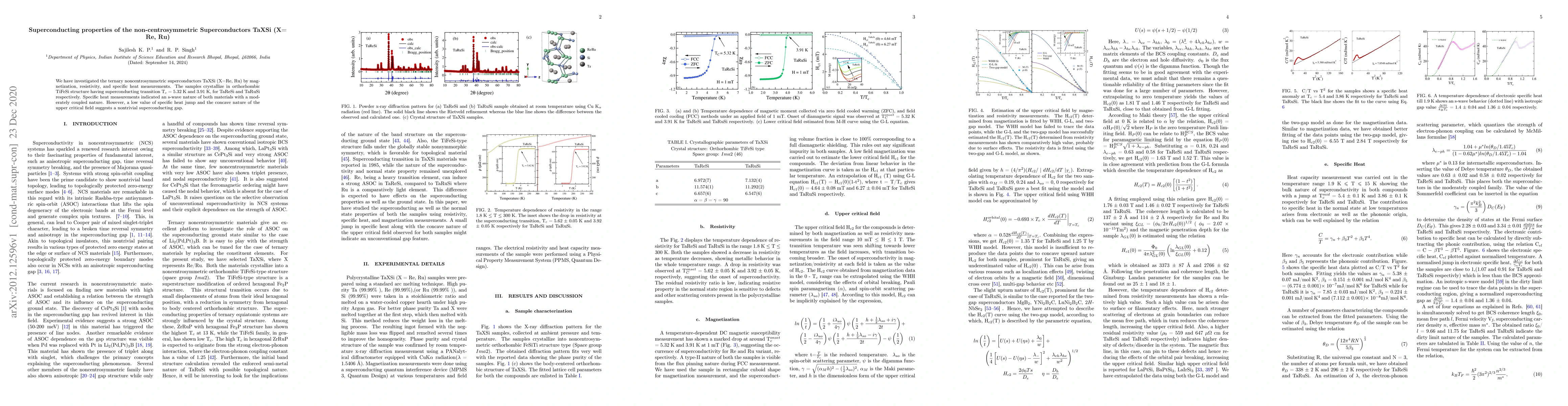Thumbnail for Superconducting properties of the non-centrosymmetric Superconductors
  TaXSi (X= Re, Ru)