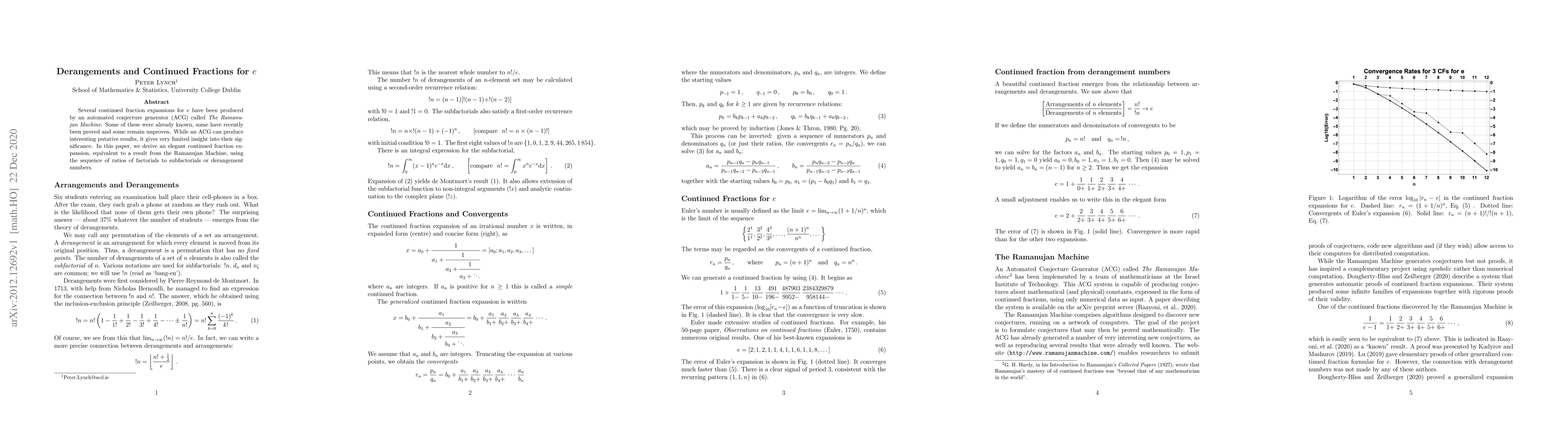 Thumbnail for Derangements and Continued Fractions for $e$