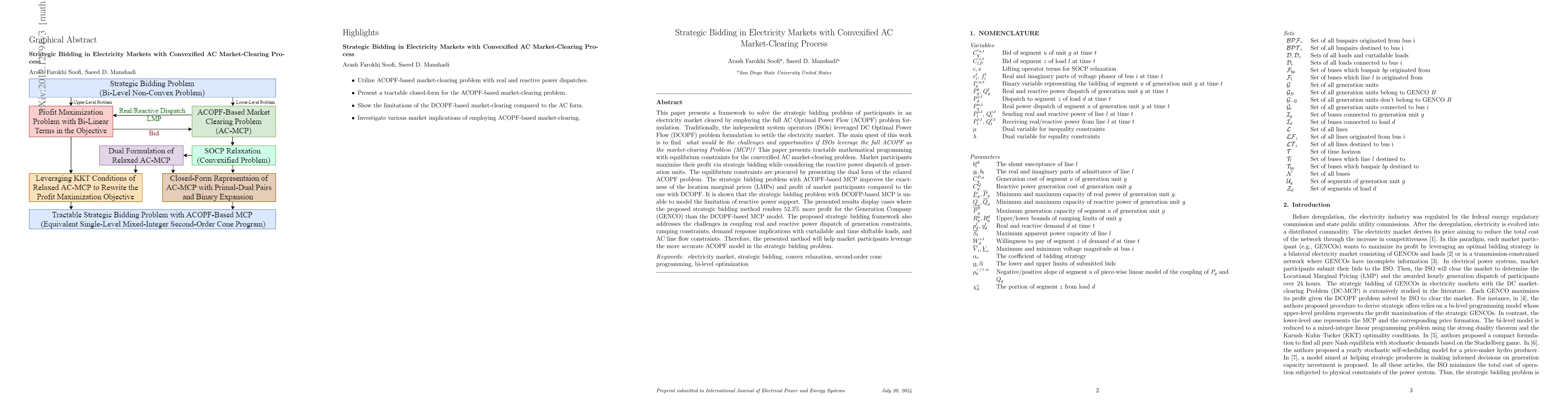 Thumbnail for Strategic Bidding in Electricity Markets with Convexified AC
  Market-Clearing Process