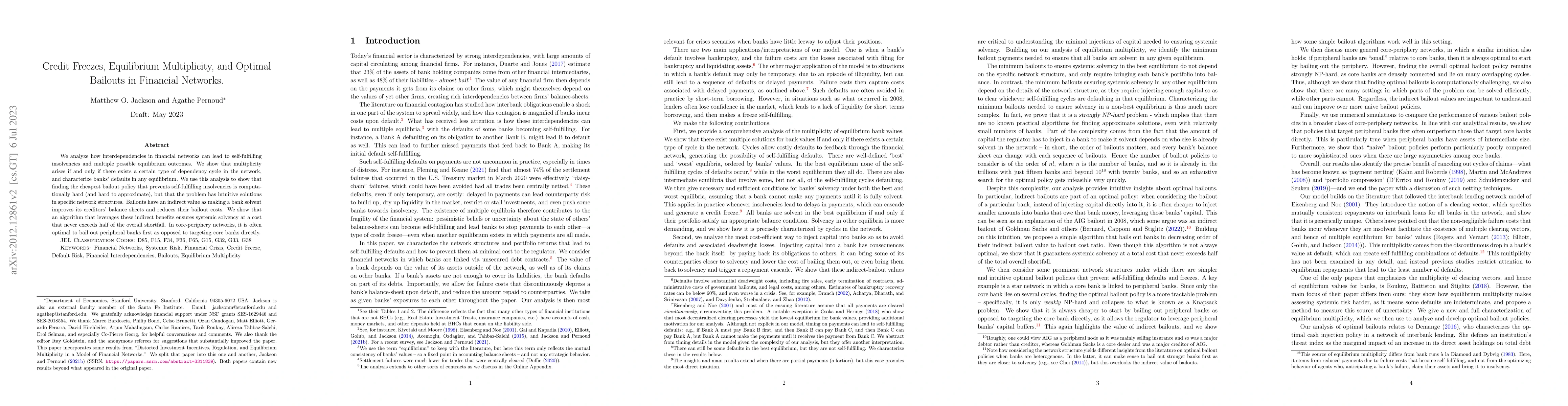 Thumbnail for Credit Freezes, Equilibrium Multiplicity, and Optimal Bailouts in
  Financial Networks