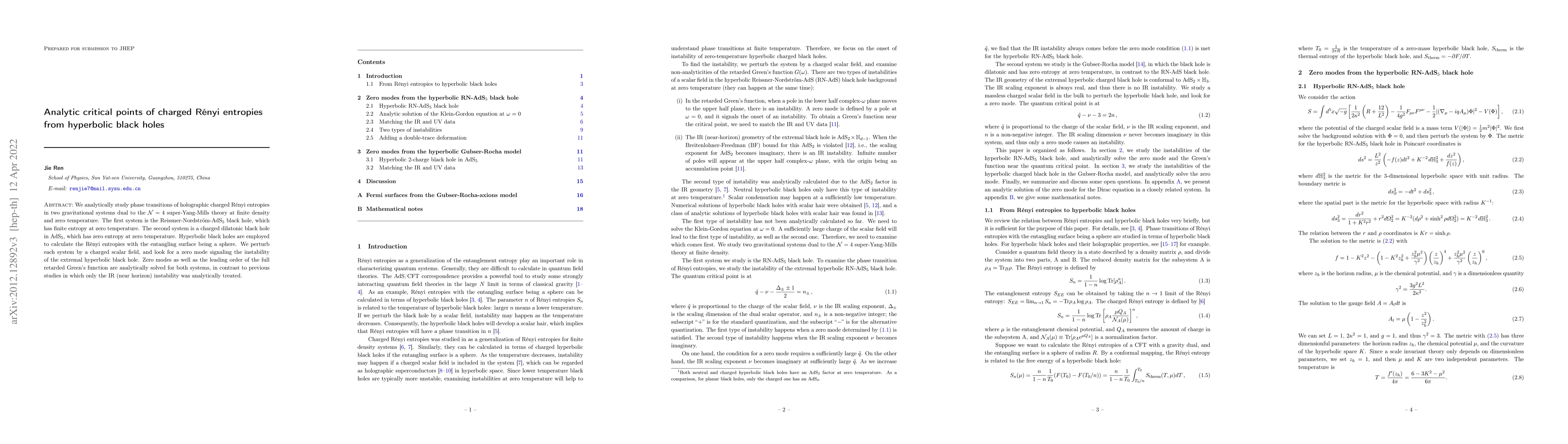 Thumbnail for Analytic critical points of charged Renyi entropies from hyperbolic
  black holes