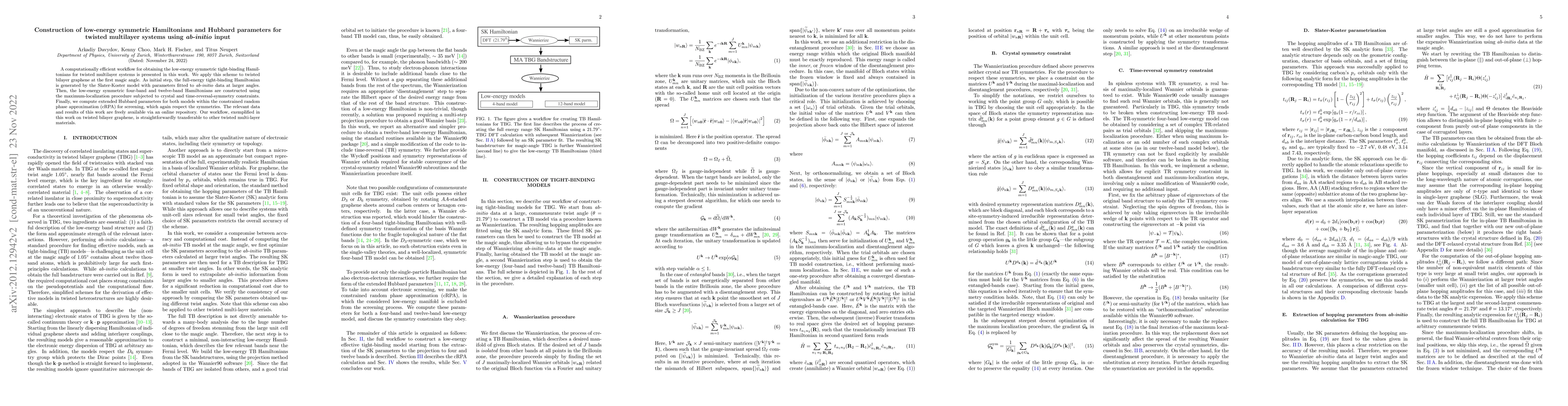 Thumbnail for Construction of low-energy symmetric Hamiltonians and Hubbard parameters
  for twisted multilayer systems using ab-initio input