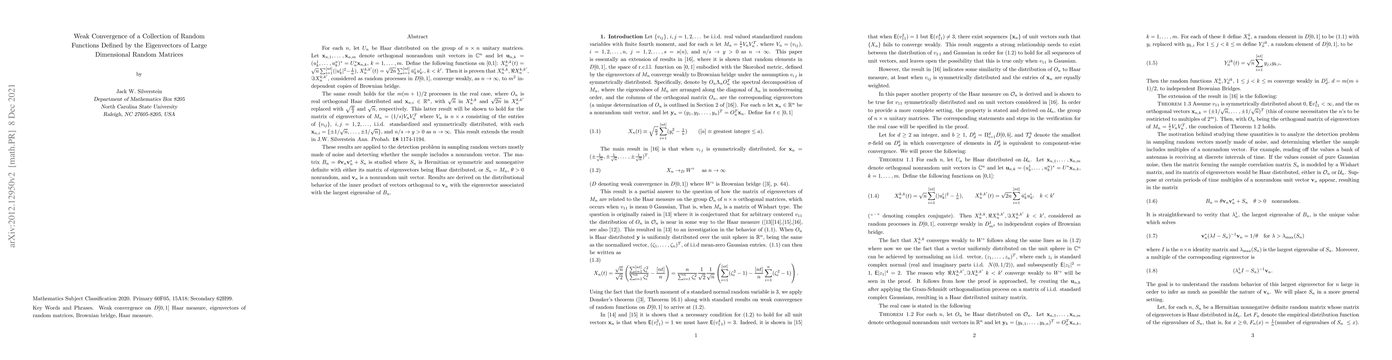 Thumbnail for Weak Convergence of a Collection of Random Functions Defined by the
  Eigenvectors of Large Dimensional Random Matrices