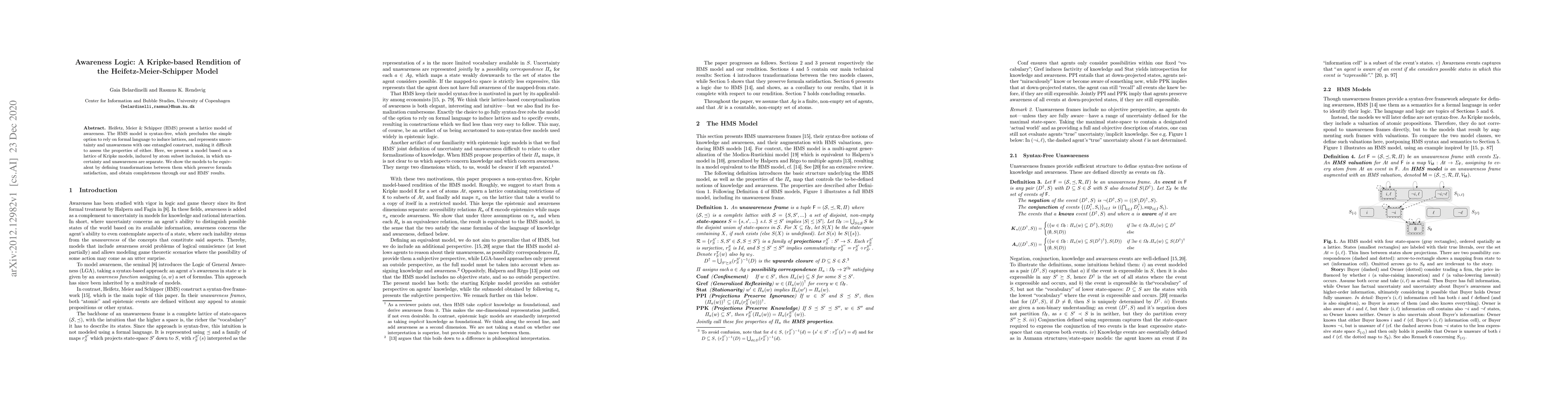 Thumbnail for Awareness Logic: A Kripke-based Rendition of the Heifetz-Meier-Schipper
  Model