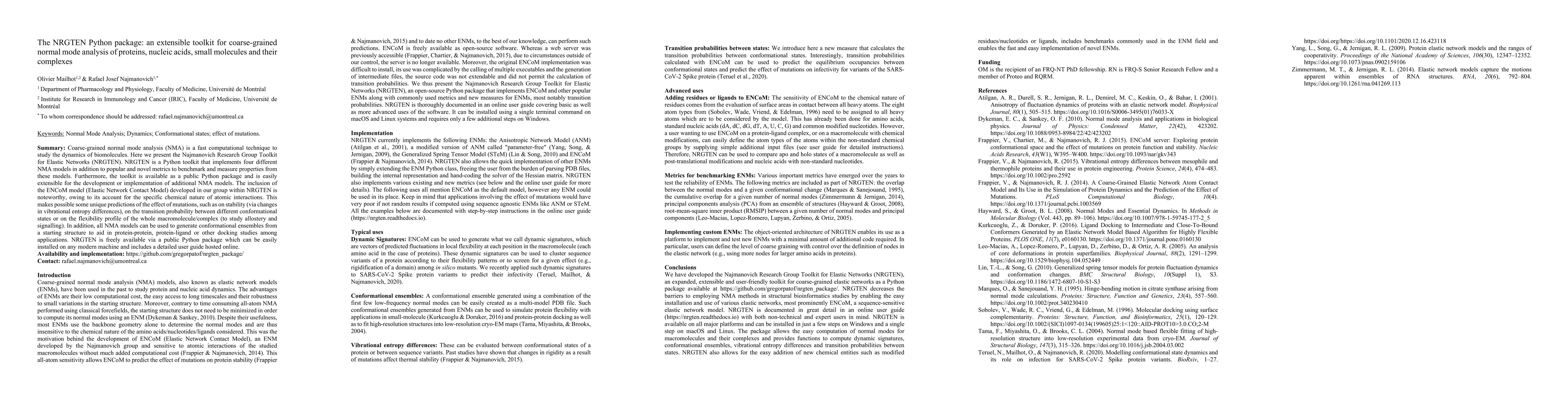 Thumbnail for The NRGTEN Python package: an extensible toolkit for coarse-grained
  normal mode analysis of proteins, nucleic acids, small molecules and their
  complexes