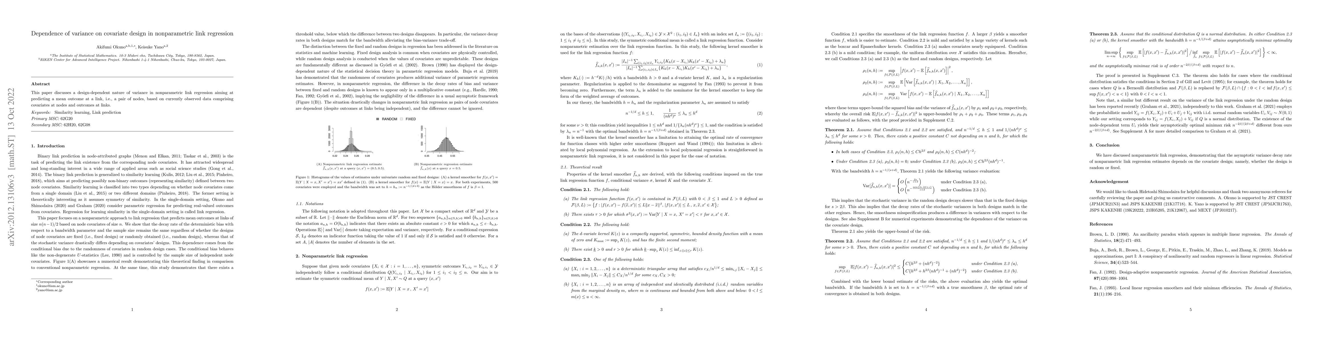 Thumbnail for Dependence of variance on covariate design in nonparametric link
  regression