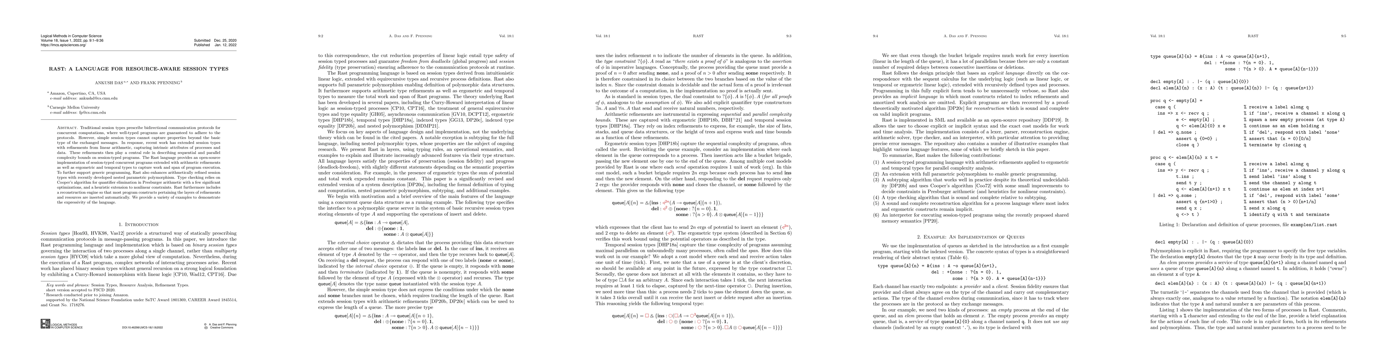 Thumbnail for Rast: A Language for Resource-Aware Session Types
