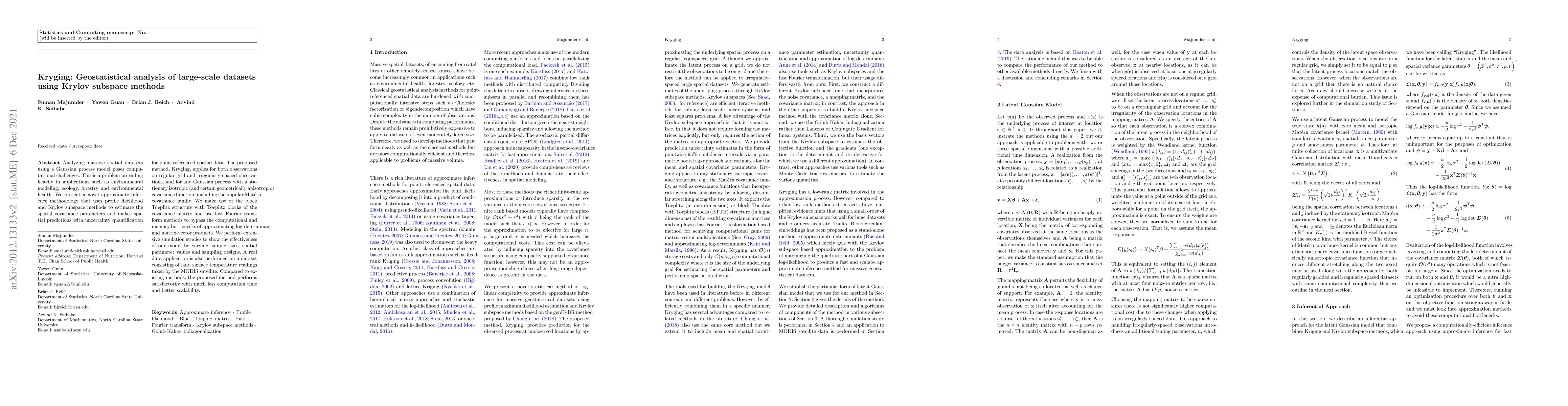 Thumbnail for Kryging: Geostatistical analysis of large-scale datasets using Krylov
  subspace methods
