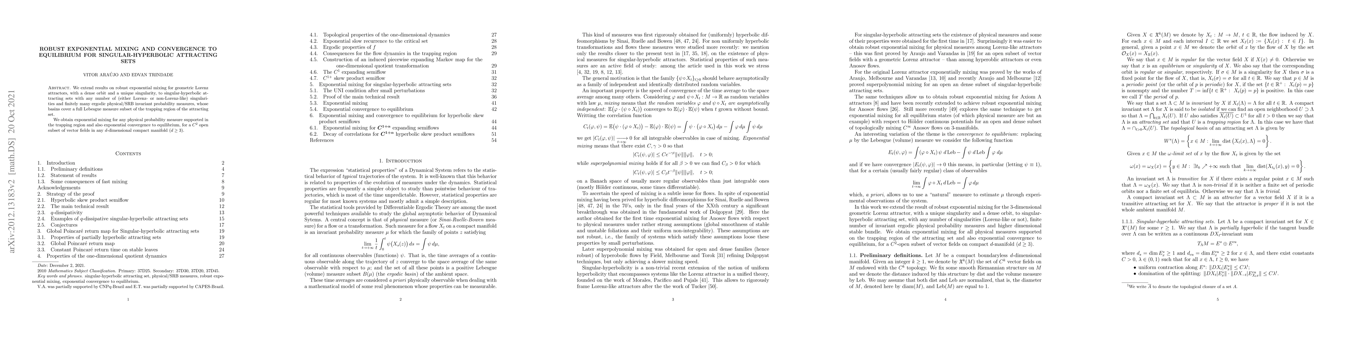 Thumbnail for Robust Exponential Mixing and Convergence to Equilibrium for Singular
  Hyperbolic Attracting Sets