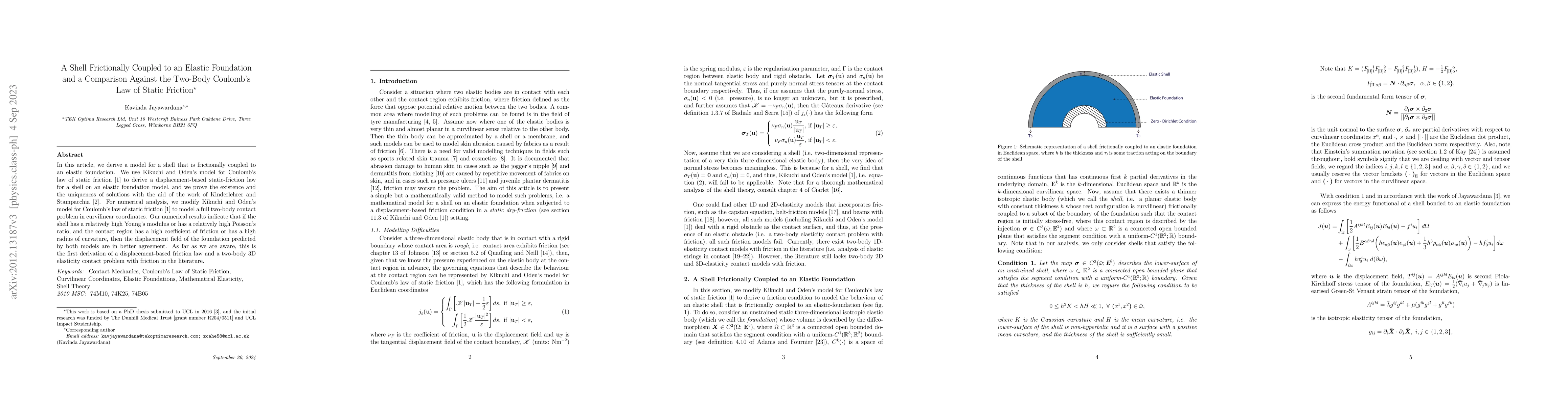 Thumbnail for A Shell Frictionally Coupled to an Elastic Foundation and a Comparison
  Against the Two-Body Coulomb's Law of Static Friction