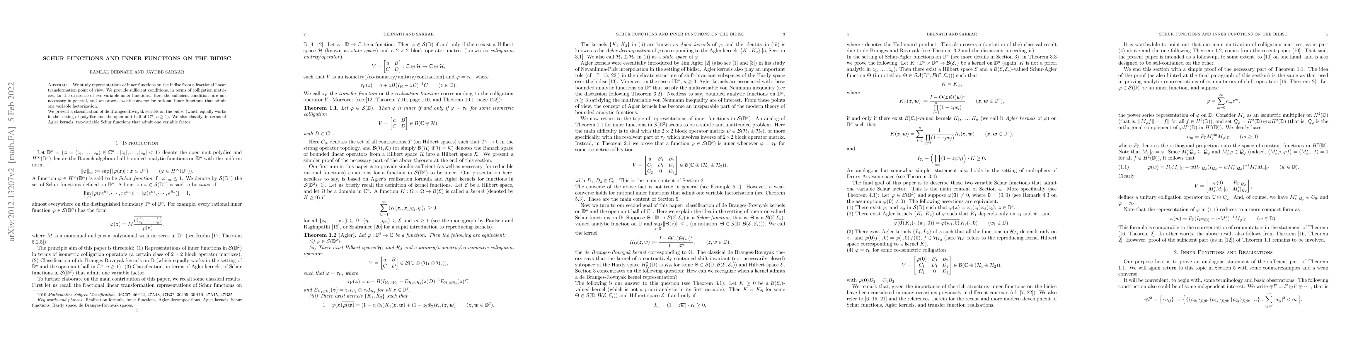 Thumbnail for Schur functions and inner functions on the bidisc