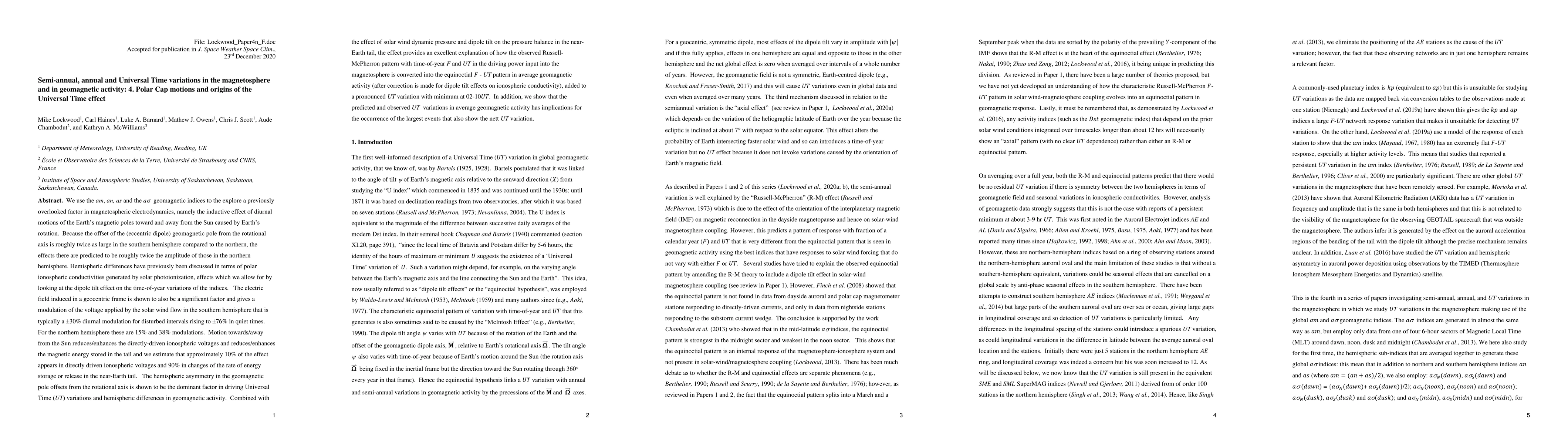 Thumbnail for Semi-annual, annual and Universal Time variations in the magnetosphere
  and in geomagnetic activity: 4. Polar Cap motions and origins of the
  Universal Time effect