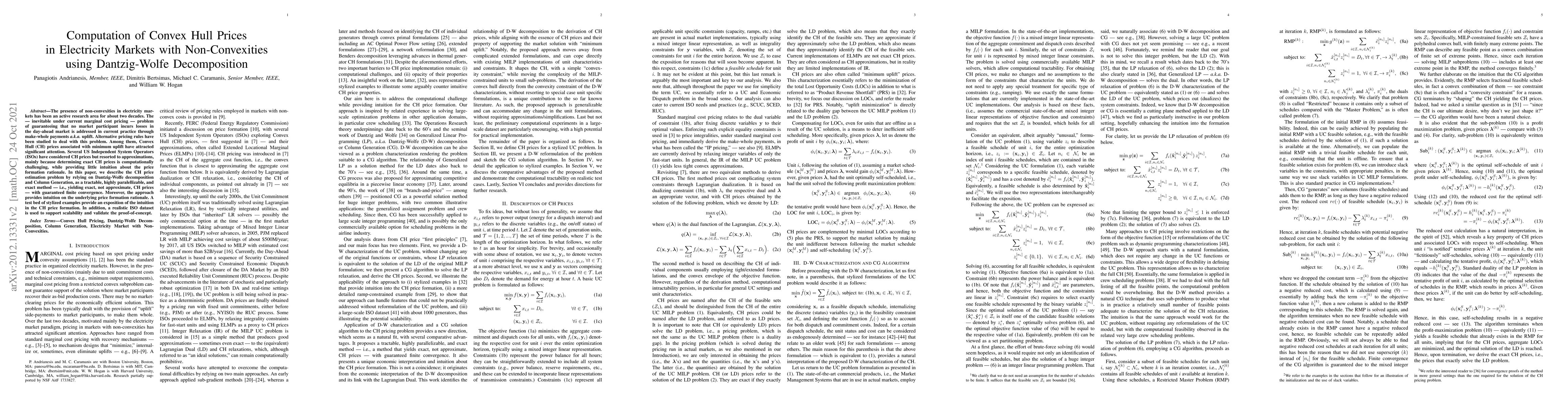 Thumbnail for Computation of Convex Hull Prices in Electricity Markets with
  Non-Convexities using Dantzig-Wolfe Decomposition