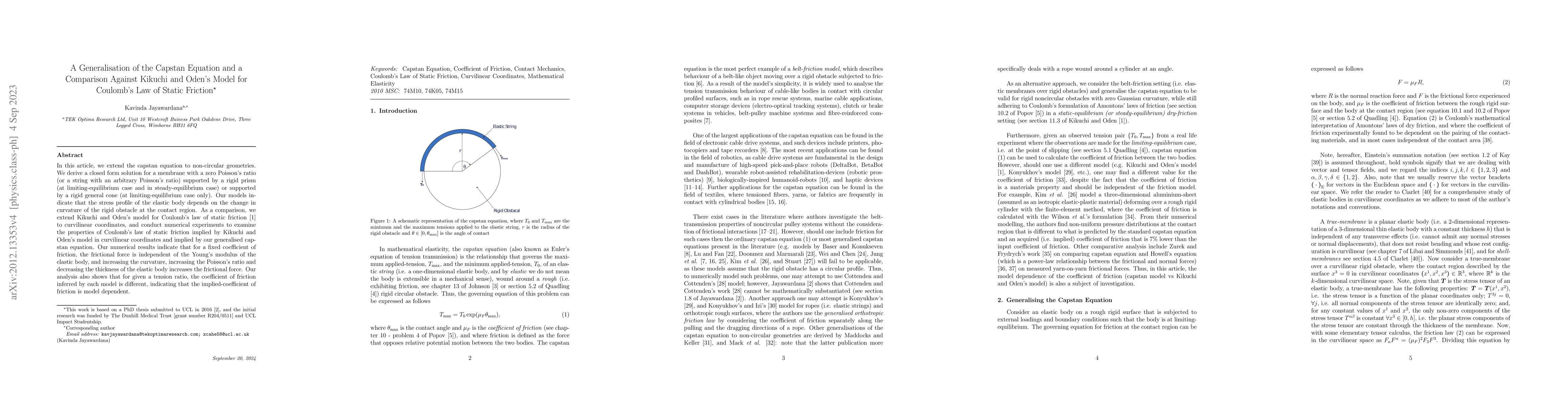 Thumbnail for A Generalisation of the Capstan Equation and a Comparison Against
  Kikuchi and Oden's Model for Coulomb's Law of Static Friction