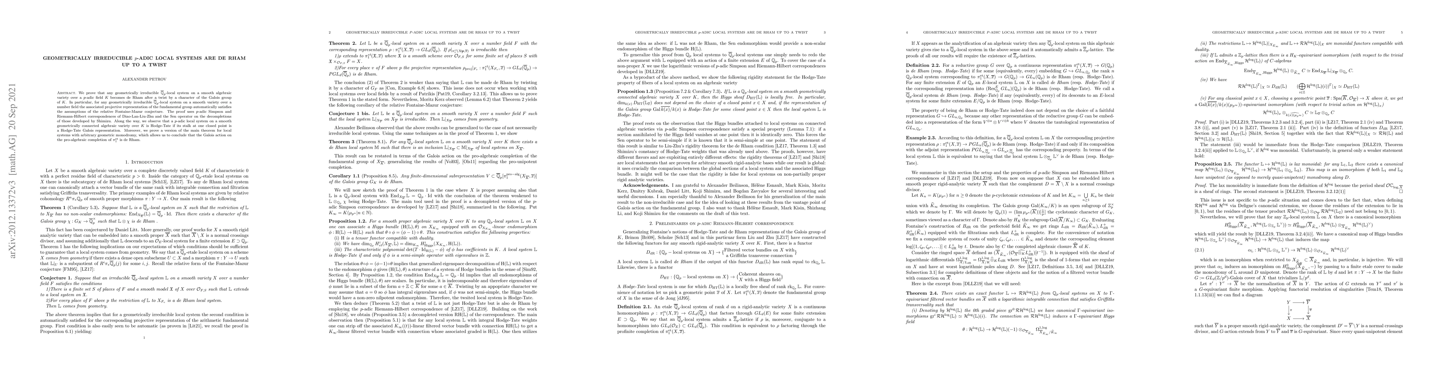 Thumbnail for Geometrically irreducible $p$-adic local systems are de Rham up to a
  twist