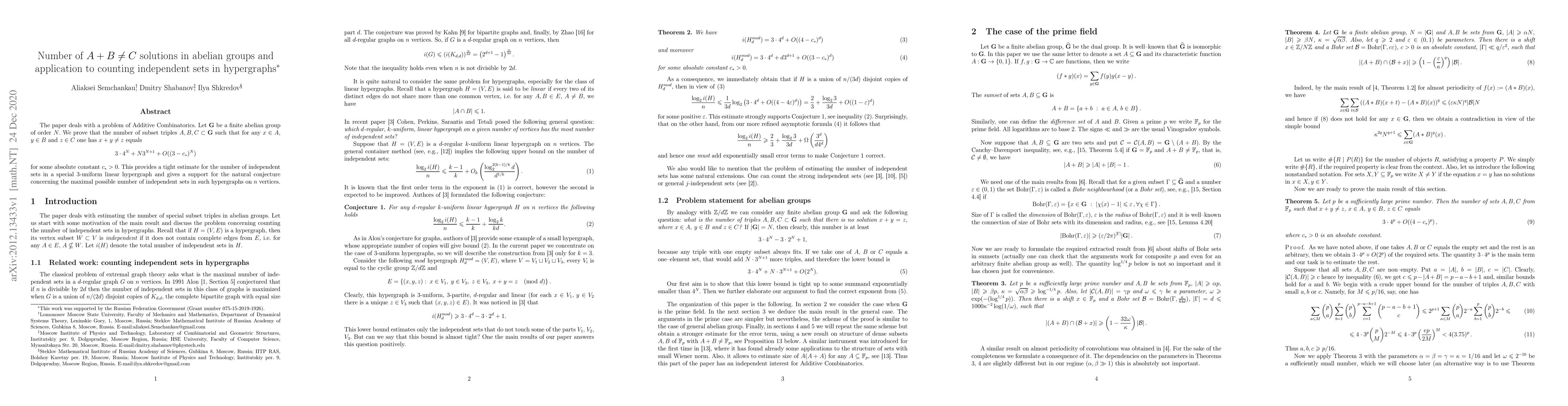 Thumbnail for Number of $A+B\ne C$ solutions in abelian groups and application to
  counting independent sets in hypergraphs