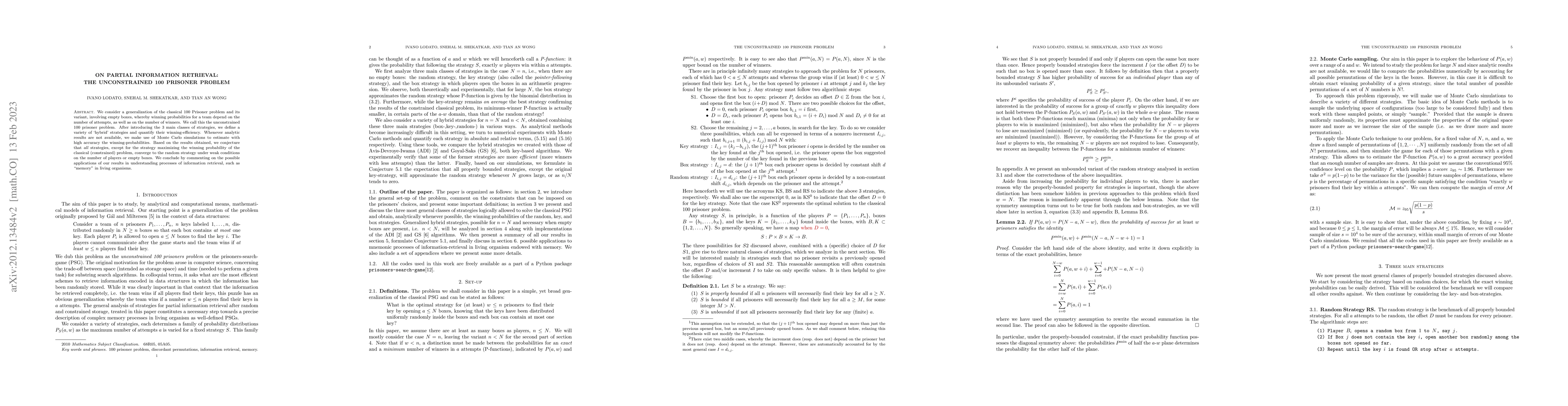 Thumbnail for On partial information retrieval: the unconstrained 100 prisoner problem