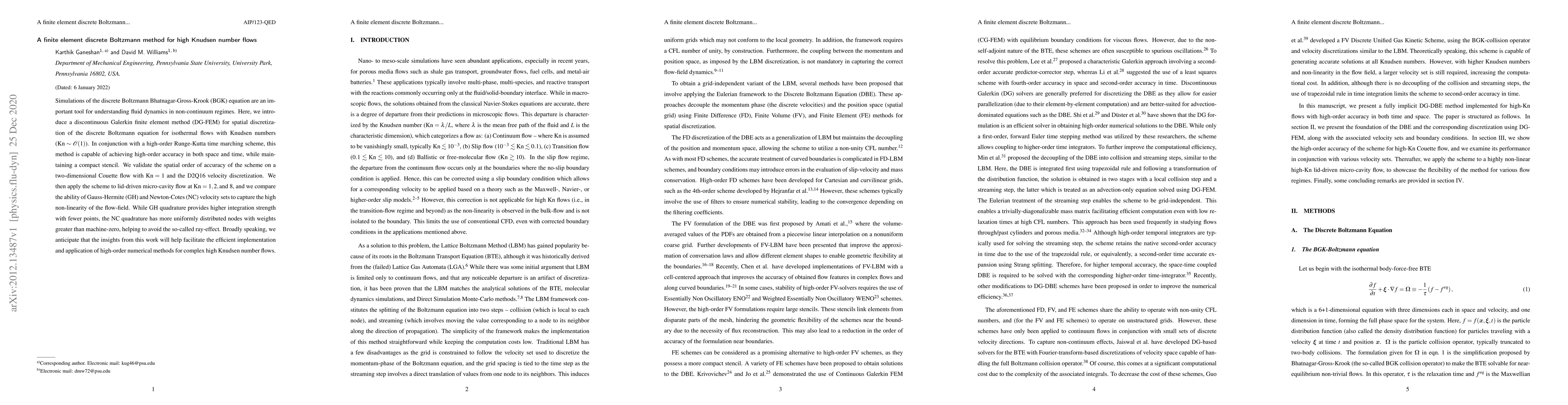 Thumbnail for A finite element discrete Boltzmann method for high Knudsen number flows