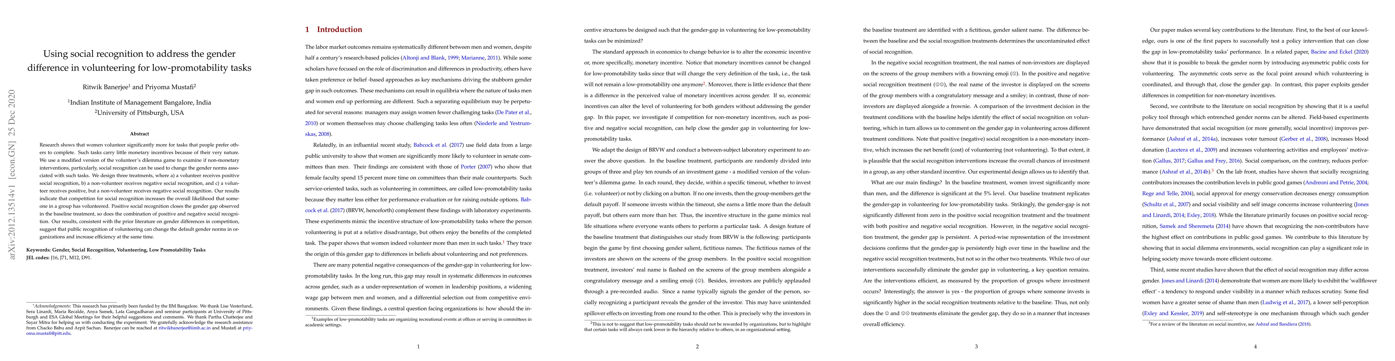 Thumbnail for Using social recognition to address the gender difference in
  volunteering for low-promotability tasks