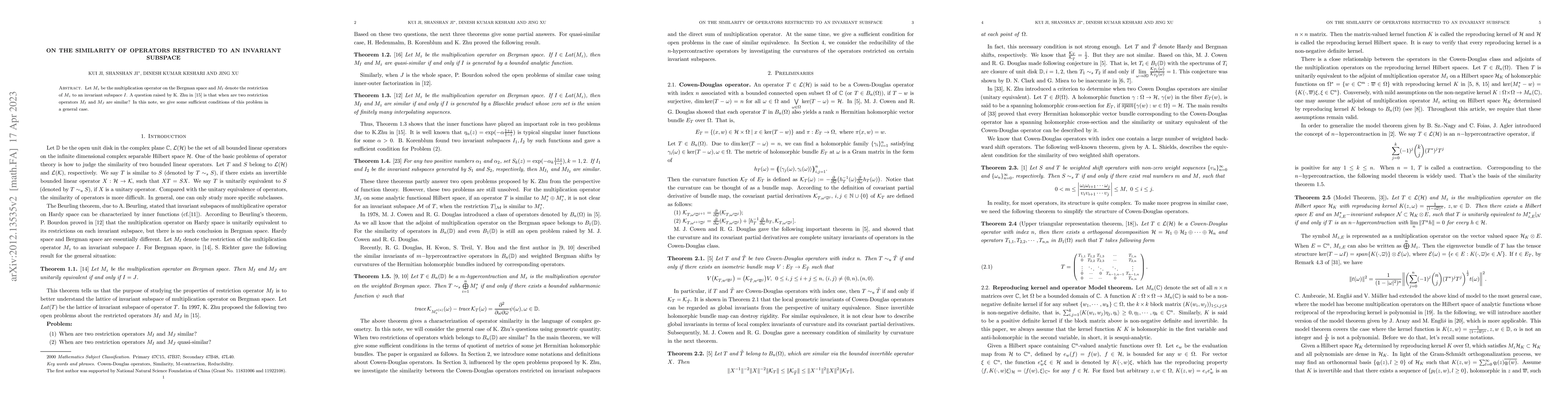 Thumbnail for On the similarity of restriction of the operator to an invariant
  subspace