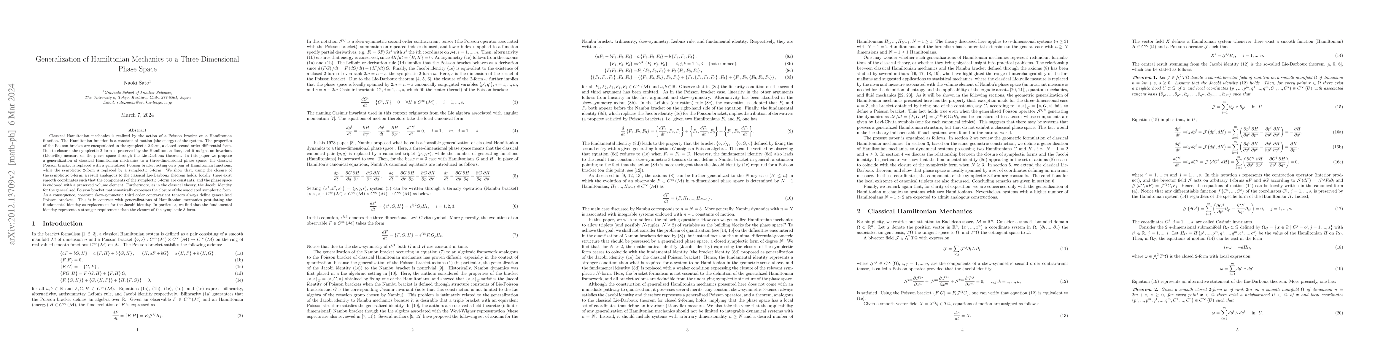 Thumbnail for Generalization of Hamiltonian Mechanics to a Three Dimensional Phase
  Space