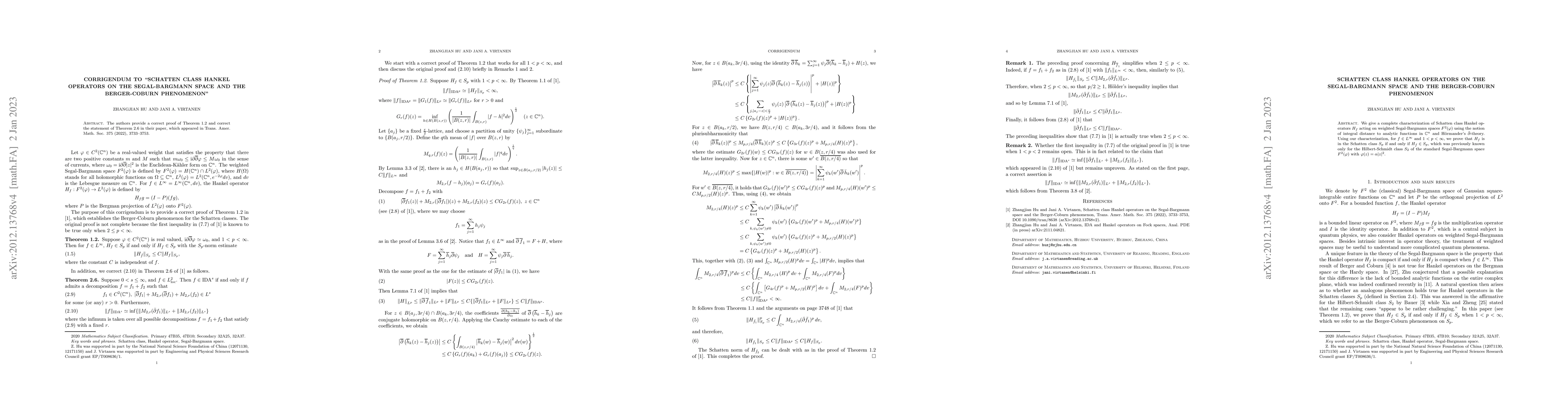 Thumbnail for Schatten class Hankel operators on the Segal-Bargmann space and the
  Berger-Coburn phenomenon