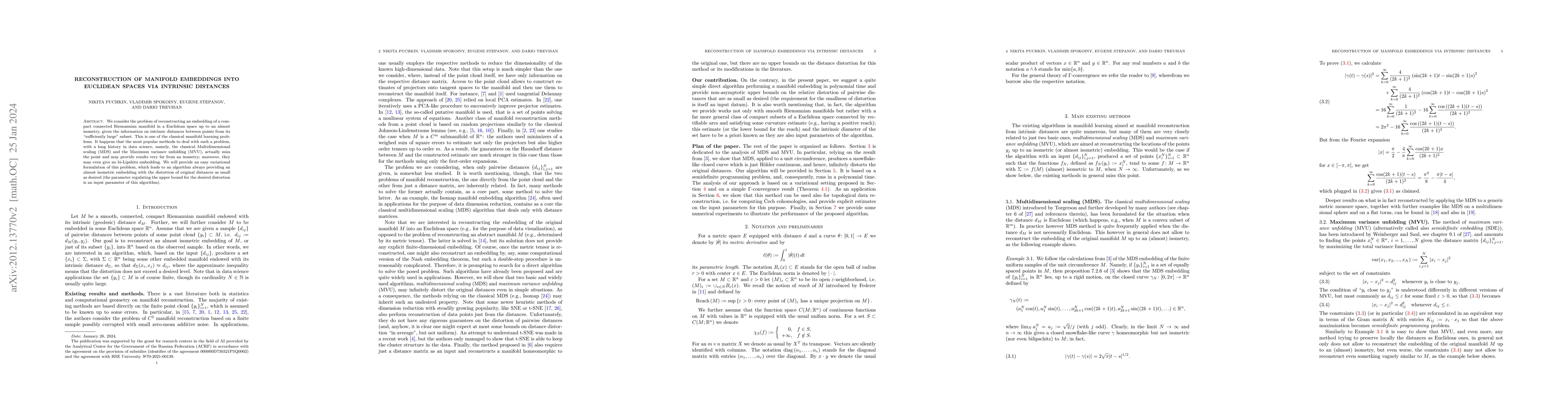 Thumbnail for Reconstruction of manifold embeddings into Euclidean spaces via
  intrinsic distances